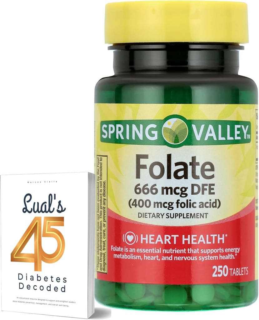 LUAL Spring Valley Folate 666 mcg DFE (400 mg Folsäure) 250 CountBundle 45 Diabetes Decodiert, Folate Supplement für Frauen