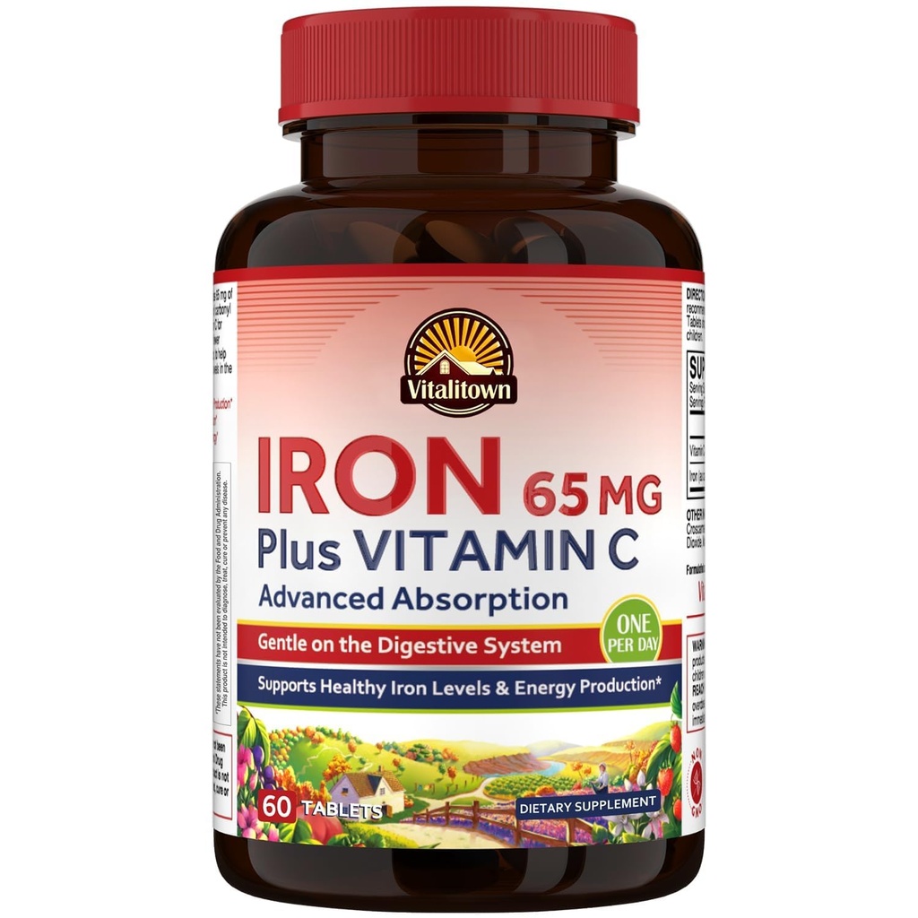 Vitalitown Eisen Ergänzung für Frauen Männer, Hign Potency 65mg Eisen mit Vitamin C 250mg, weniger verstopfend, besser für Blut- und Energieverbesserung, keine Gluten, Non-GMO 60 Vegan Eisen Pillen