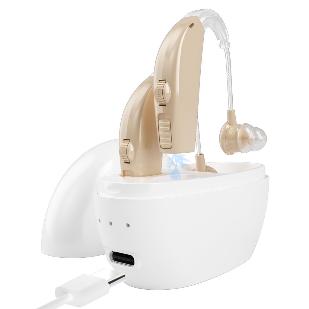 Amplificateurs d'appareils auditifs pour personnes âgées rechargeables avec amplificateur de perte d'aide à l'audition du bruit Aînés, Adults Charge Case &Volume Control(1 paire), Beige C1