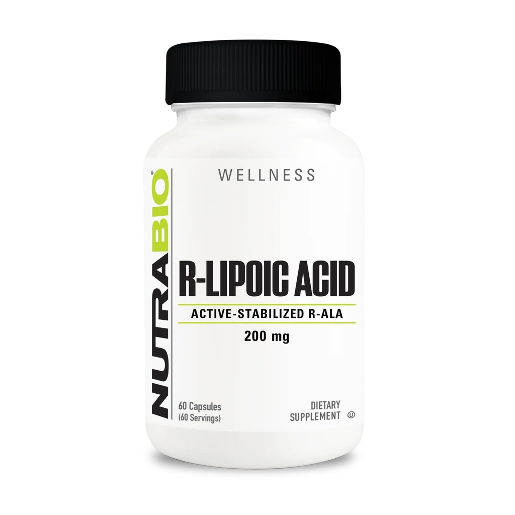 NutraBio R-Lipoic Acid Supplement, 200mg –Aktiv stabilisierte R-ALA Ergänzung- Optimierte Alpha-Lipoic Acid-Formel zur besseren Absorption von Gesundheit und Wellness- 60 Kapseln