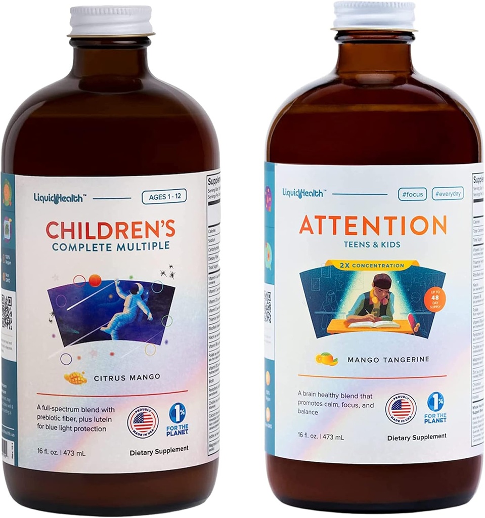 LIQUIDHEALTH Multivitamine complète pour enfants et attention Adolescents et enfants Ensemble de vitamines liquides pour enfants - Immune Support, Améliorer Focus, Concentration, Boost Mood - Vegan, Non-OGM, Fabriqué aux États-Unis
