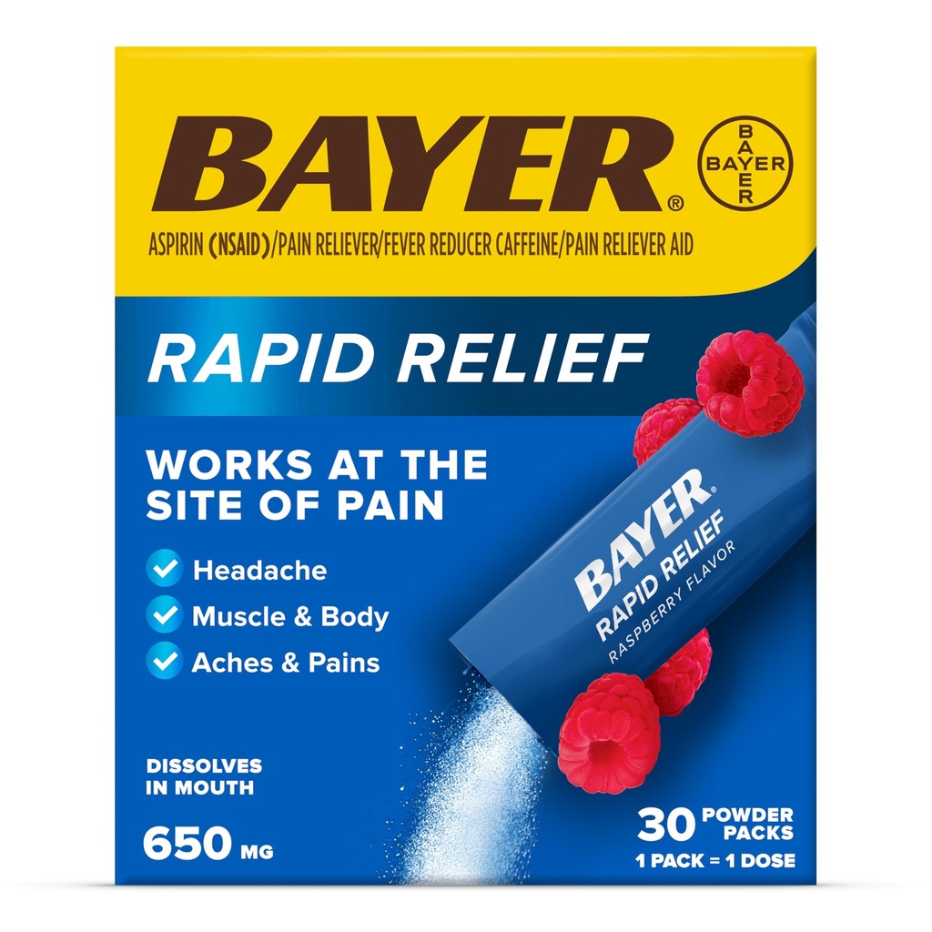 Bayer Rapid Relief Pulver-Packs mit Aspirin & Koffein, Auflösbare Fast Acting Pain Relief für Kopfschmerzen, Muskel- und Körperschmerzen, Raspberry Flavor (Verpackung kann variieren), Packung von 3 x 10 Zähler