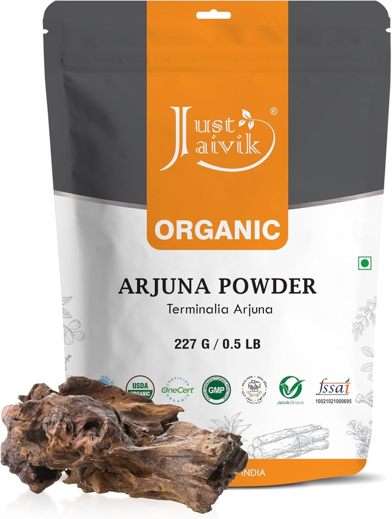 Jaivik poudre d'écorce d'Arjuna 100% biologique (Terminalia Arjuna) 1/2 LB, 08 oz, 227g USDA certifié biologique- Biodégradable Zip Lock Pouch Rejuvenative traditionnelle et tonique pour le cœur*