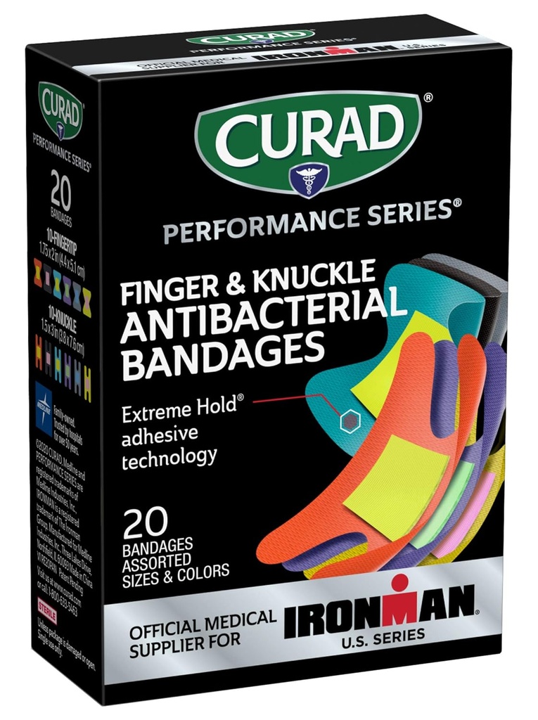 CURAD Performance Serie IRONMAN Antibakterielle Bandagen, Extreme Hold Adhesive Technology, Finger & Knuckle Bandages, Flexibel Stoff, Variety Pack mit verschiedenen Größen & Farben, 20 Zähler