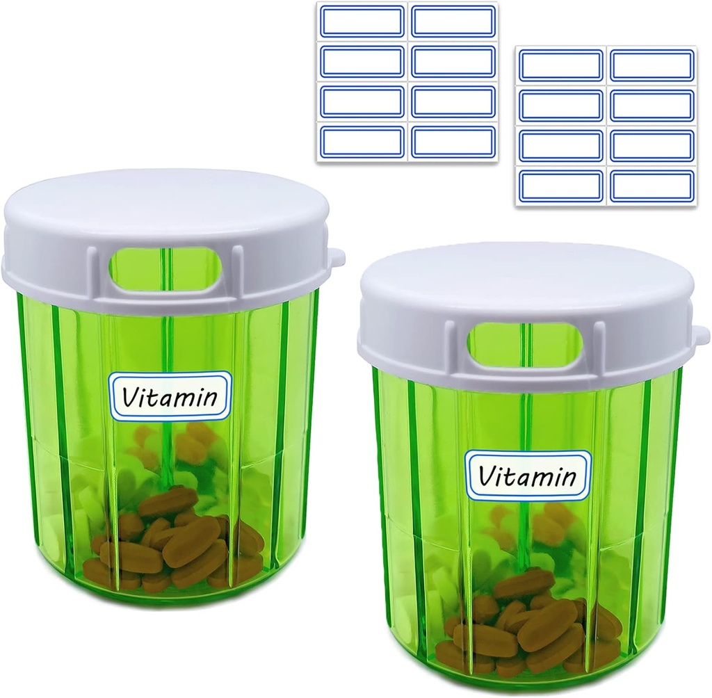 Organisateur de pilules 4 Compartiment 2PCS Distributeur de pilules Large Portable Pill Box Organisateur mensuel de médicaments pour les pilules, huiles de poisson, vitamines, suppléments (pill case 2 Pack + étiquettes autocollantes)