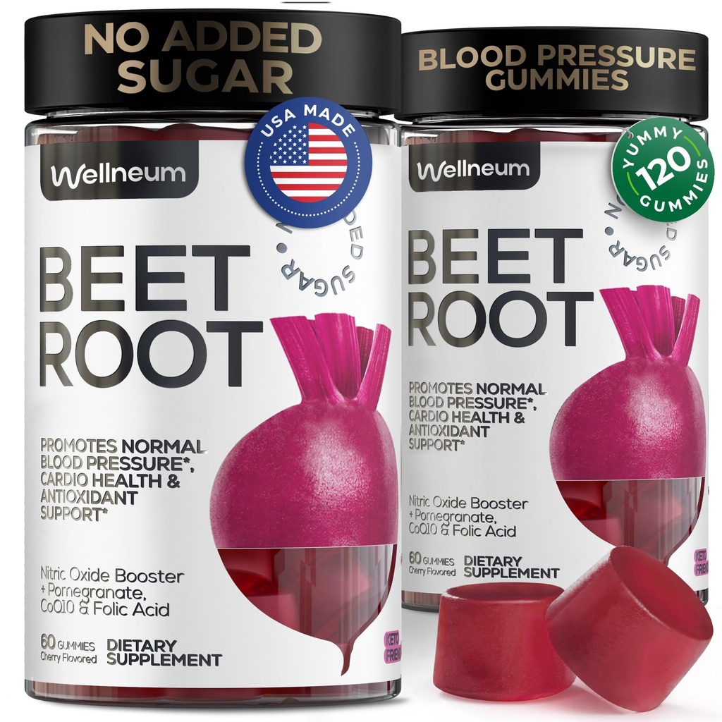 Betteraves pour haute pression de sang 120 Pcs (2 Pack) - Nourriture de racine de betterave avec poudre de jus de grenade - Gommies à oxyde nitrique pour l'énergie, Cardio Health - Supplément de gommy pour les hommes et les femmes - Sans sucre