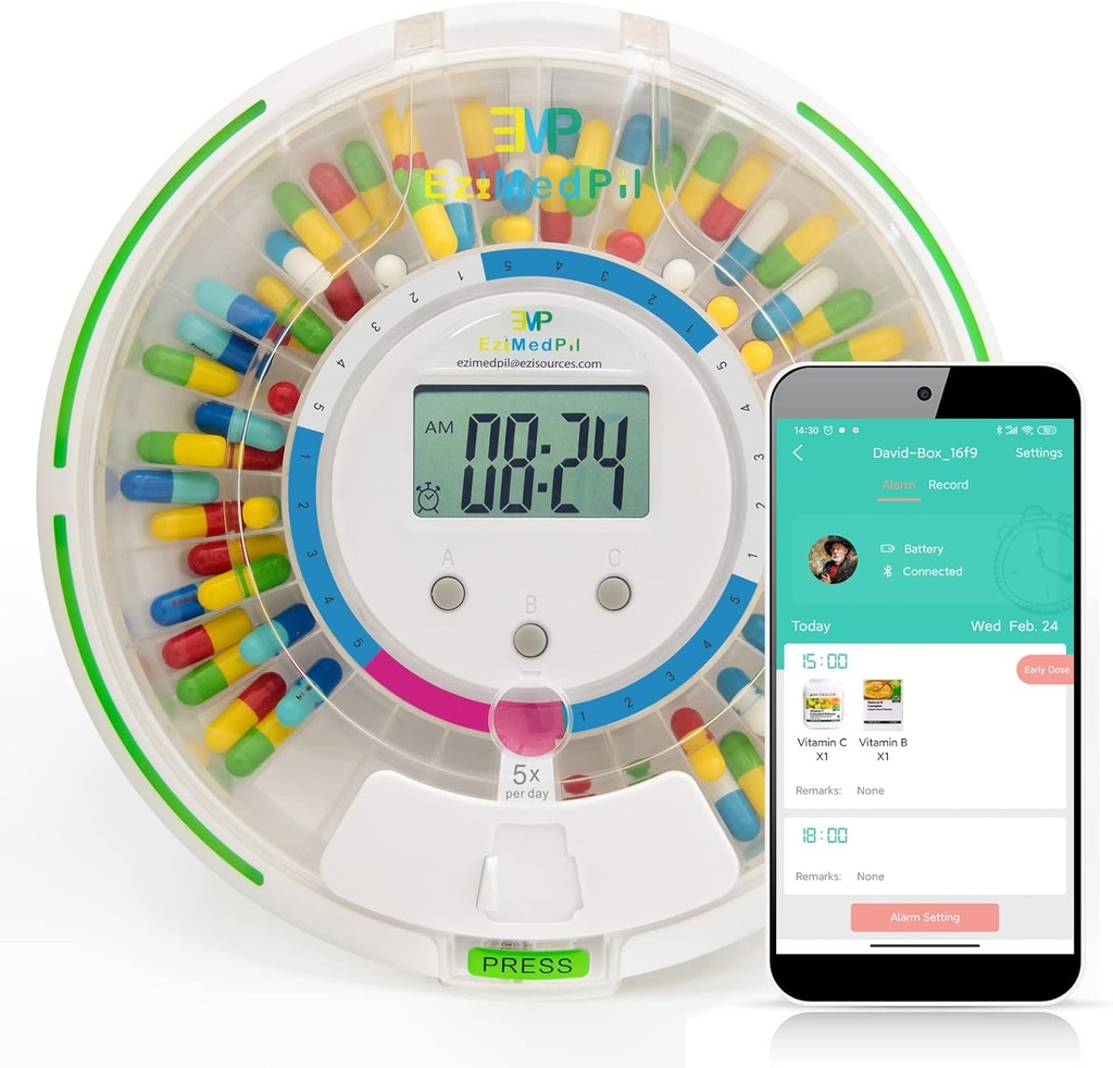 EziMedPil Bluetooth Pill Dispenser w/Audio & Visual & App Alerts, bis zu 9 Alarme/Tag, 9 Dosage Templates, 28-Day Medication Dispenser w/Key für Rezepte, Vitamine & mehr, Klare Lid