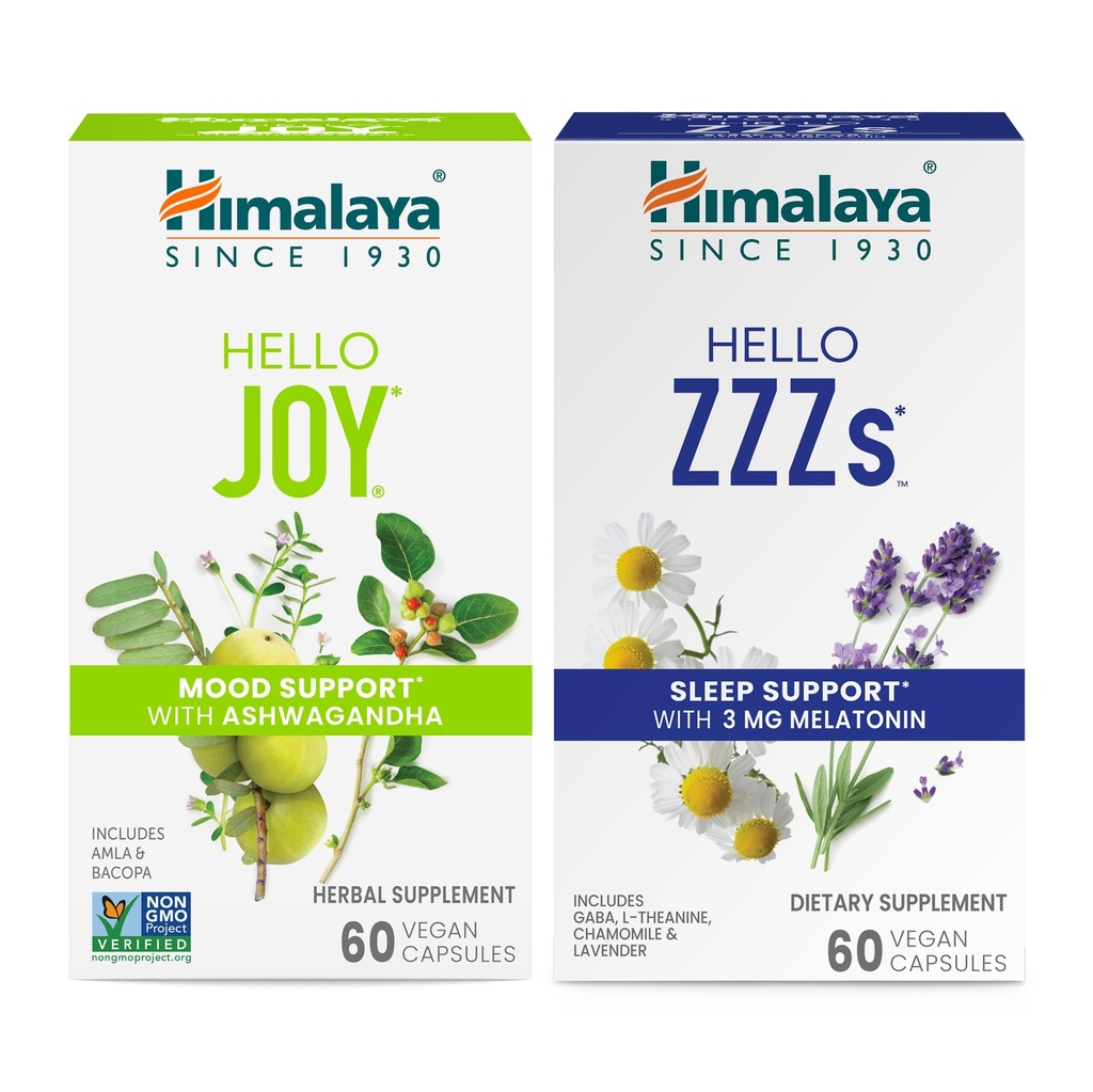 Himalaya Hallo Freude mit Ashwagandha für Verbesserung von Stimmung und Geist & Hallo ZZZs mit Melatonin für Schlafunterstützung, 60 Kapseln Jeder - Bundle