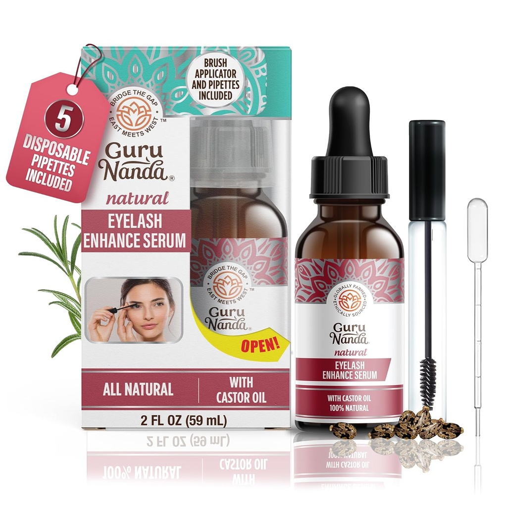 GuruNanda Natürliche Castor Öl Wimpern Enhance Serum mit Rosmarinöl - Brush Applicator & 5 Pipette, Hilft natürliches Haarwachstum für Augenbrauen &amp; Barts, 2 Fl Oz