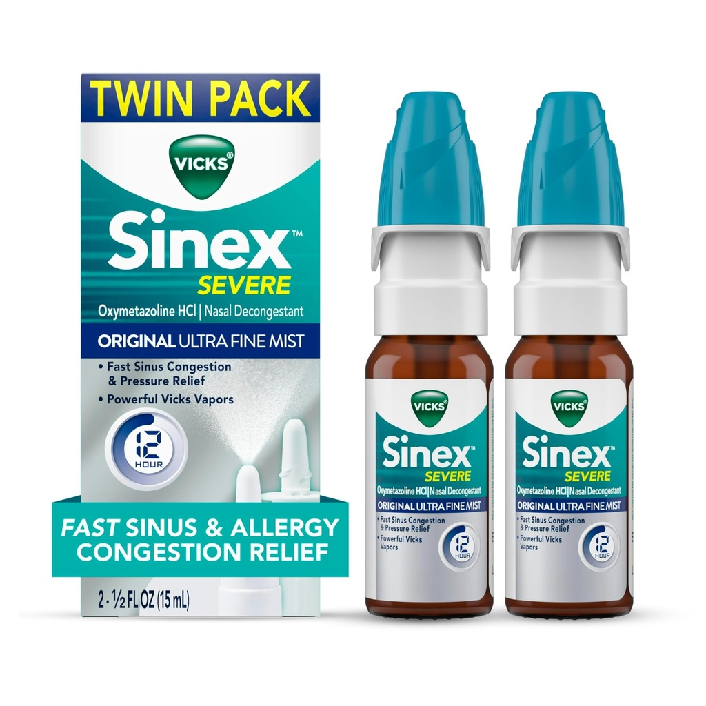 Vicks Sinex SEVERE Allergy & Sinus Nasal Spray, Ultra Fine Mist d'origine, Médecine Dongestant, Soulagement de la congestion nasale due au froid ou à l'allergie, Sinus Pressure Relief, 265 Sprays x 2