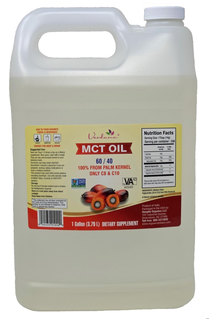 Huile MCT de qualité alimentaire Verdana – 1 Gallon (128 Fl Oz) – Triglycérides Premium C8/C10 – Keto & Paleo – Non-OGM, Kosher – Marque de confiance pour l'énergie, la nutrition sportive, l'aromathérapie et le massage