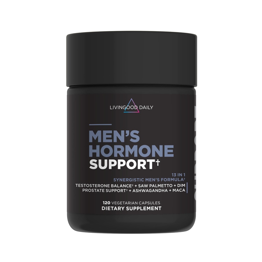 Supplément de soutien quotidien à l'hormone Livingood pour la vitalité et l'équilibre, booster de testostérone 14-en-1 pour les hommes avec Ashwagandha, Maca, DIM, Zinc, Saw Palmetto, Vitamine B12 & More, Vegan, 120 capsules