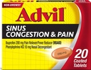 Advil Sinus Congestion et douleur, Sinus Relief Medicine, analgésique et réducteur de fièvre avec Ibuprofène et Phénylephrine HCl - 20 comprimés enduits