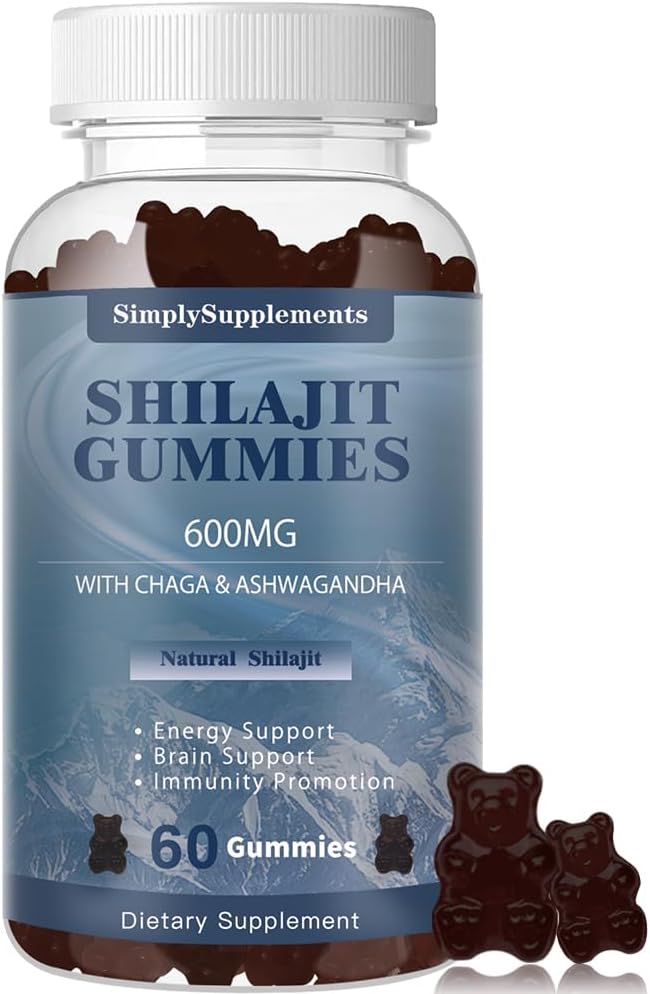 Shilajit Gummis mit Ashwagandha und Chaga für Männer und Frauen - Shilajit Supplement mit Trace Minerals & Fulvic Säure für Energie und Immunität Unterstützung, 60 Gummis