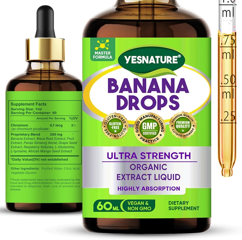 YESNATURE Banana Digestive Drops - Gentle Banana-Flavoured Gut Support with Natural Extracts - Promotes Healthy Digestion and Regularity - Sugar-Free, Non-GMO - 60ML