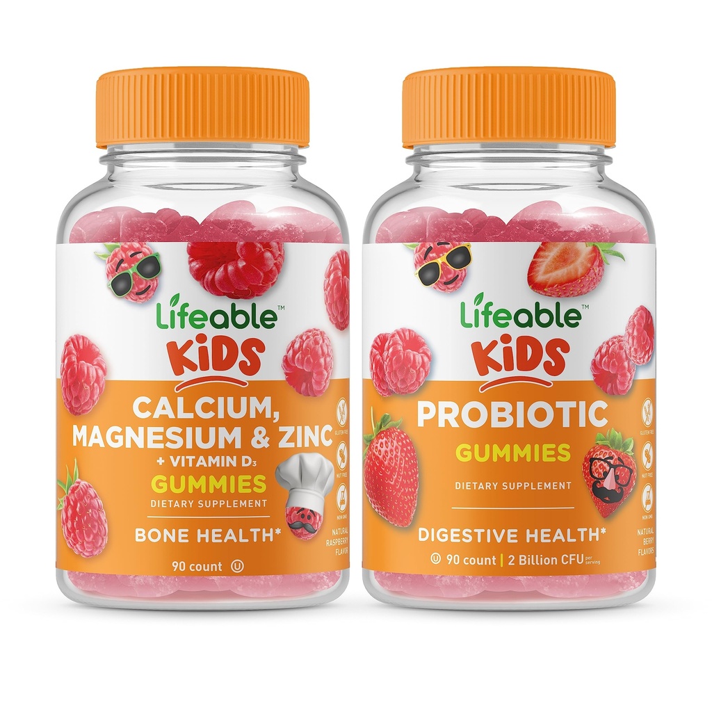 Lebensfähiges Calcium Magnesium & Zink Kids + Probiotic 2 Billion CFU Kids, Gummis Bundle - Große Verkostung, Vitamin Supplement, Glutenfrei, GMO frei, Kaugummi