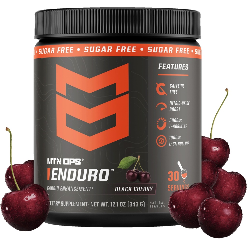 MTN OPS Enduro Nitric Oxid Stim Free Pre Workout | Magnesium Citrat, L Arginine & L Citrulline Caffeine Free Preworkout | 30 Serviving Black Cherry
