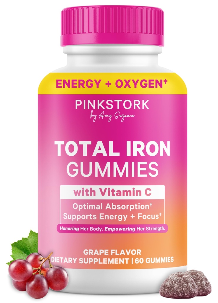 Pink Stork Prenatal Iron Supplement Gummis für Damen - 20 mg mit Vitamin C - Grape Chewable for Deficiency, Energy, & Blood Builder - 60 Gummy Chews