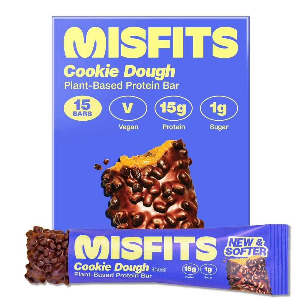 Misfits Vegan Protein Bars, Cookie Dough - Aktualisierte Rezept | Plant Based, Low Sugar & Carb, High Fiber Snacks | Pack von 15