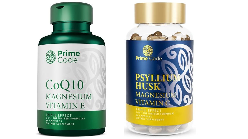 Code Prime CoQ10 250mg avec Magnésium Glycinate et Vitamine E, Psyllium Musk Capsules avec Citrate de magnésium et Vitamine C