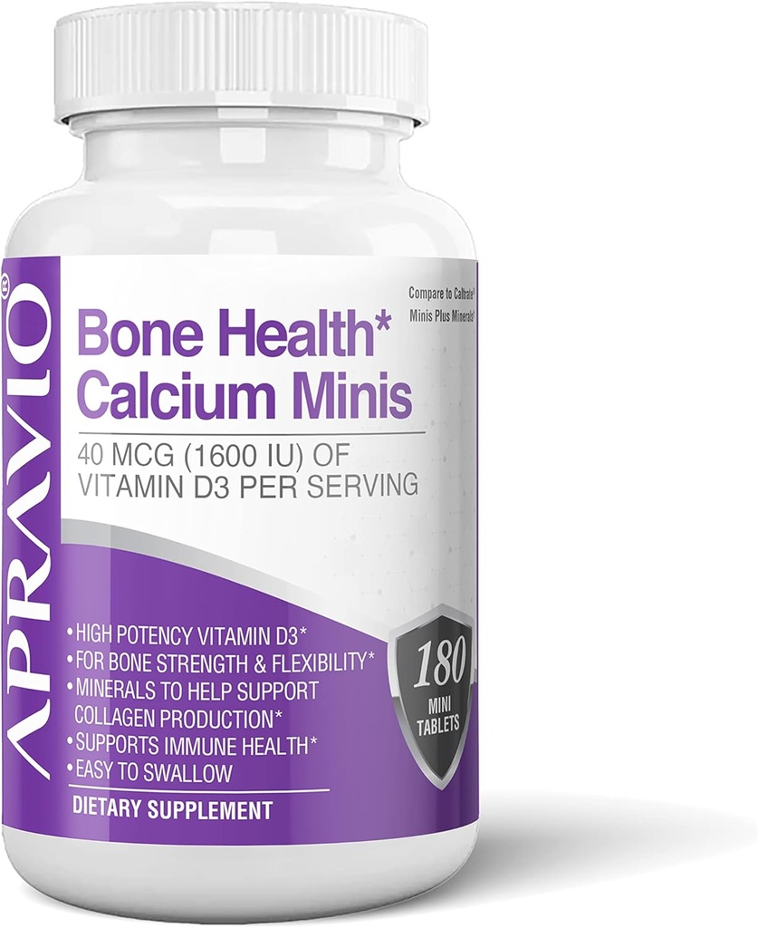 Comprimés Bone Health Calcium Minis, Suppléments Calcium avec Vitamine D3, Magnésium, zinc, cuivre, manganèse, Minéraux pour aider à soutenir la force osseuse, production de collagène, santé immunitaire, 180ct