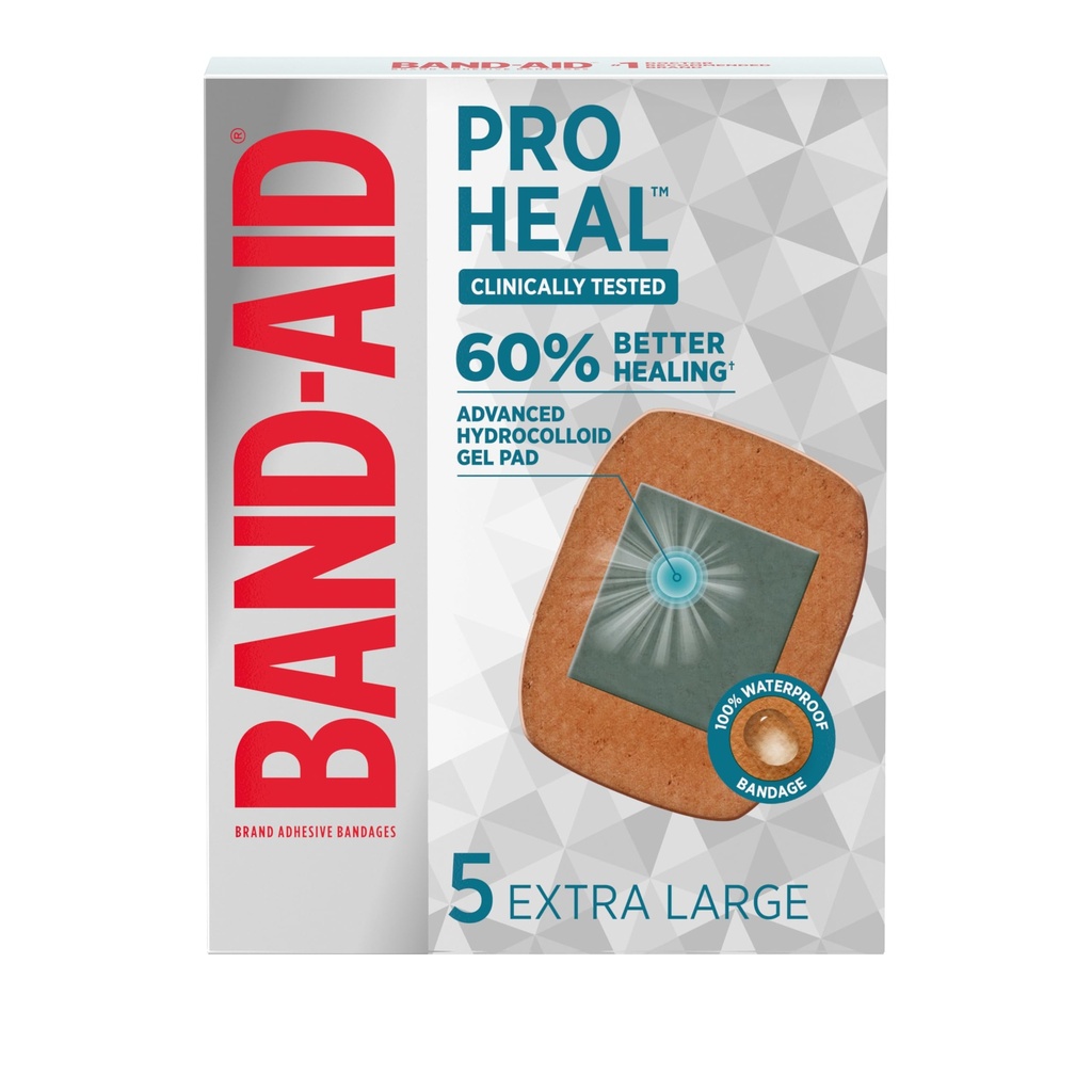 Bande-Aid de marque Pro Heal Hydrocolloïd Gel Pads, extra grands bandes imperméables pour une meilleure guérison des blessures mineures, bandes stériles de premiers soins, 5 ct