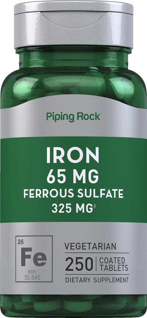 Piping Rock Iron Ferrous Sulfat 65 mg | 250 Tabletten | Eisen Ergänzung | Hohe Potenz Formel | Vegetarisch, Non-GMO, Glutenfrei