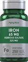 Piping Rock Iron Ferrous Sulfat 65 mg | 250 Tabletten | Eisen Ergänzung | Hohe Potenz Formel | Vegetarisch, Non-GMO, Glutenfrei