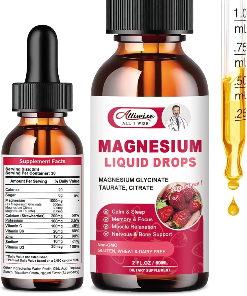 Supplément liquide de magnésium à absorption élevée 1000MG, complexe avec glycinate de magnésium 500MG, Citrate,Taurate pour la biodisponibilité. 3 TOP Magnésiums dans un supplément-arôme de mûrier
