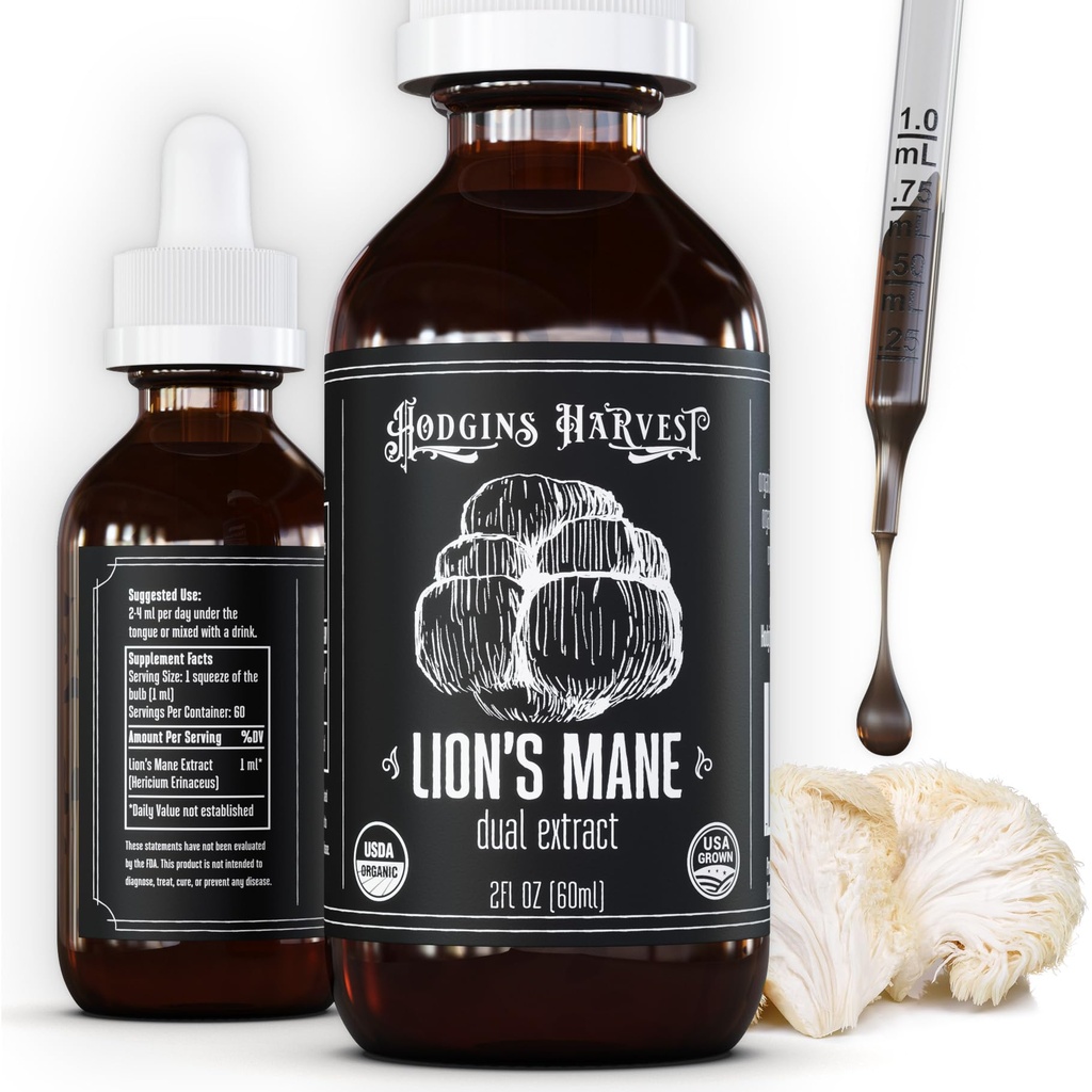 Hodgins Harvest Organic Lion's Mane Fruiting Body Extract Tincture - Mushroom Supplement for Brain Health and Mental Focus - Dual Extract Formula - Extra Concentrated - 2 fl oz Bottle