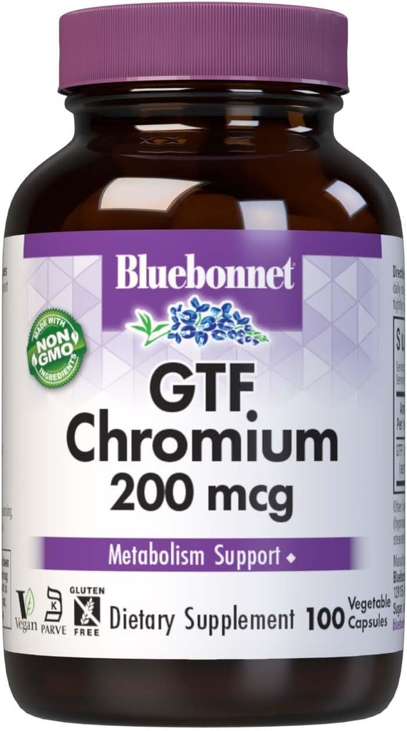 Bluebonnet Nutrition GTF Chromium 200 mcg, sans soja, sans gluten, non-OGM, certifié Casher, sans lait, végétalien, 100 capsules végétales