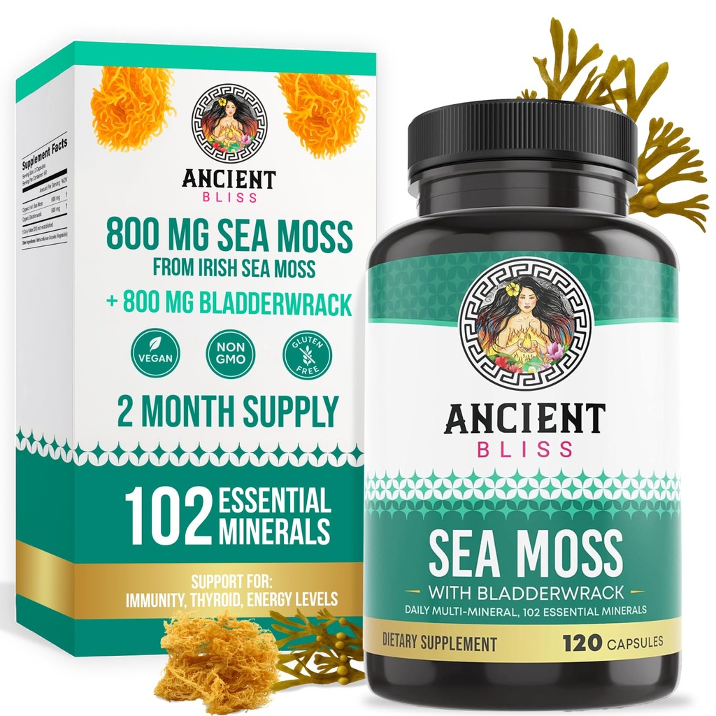 Antike Bliss Organic Irish Sea Moss Pillen - Dr Sebi Wildcrafted Seamoss Capsules | Schilddrüse, Gesunde Haut & Gut Unterstützung | 120 Kapseln