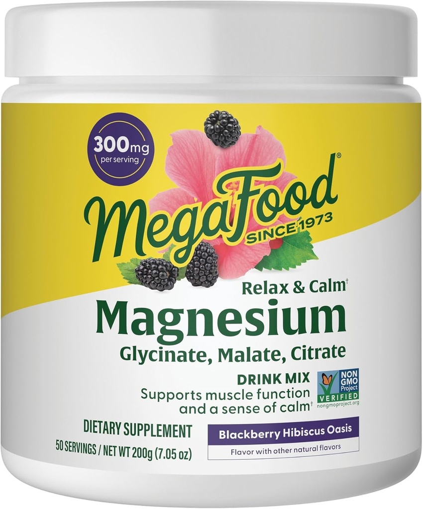 MegaFood Relax + Calm Magnesium Powder - Highly Absorbable Magnesium Glycinate, Magnesium Citrate & Magnesium Malate - Without 9 Food Allergens - Blackberry Hibiscus Oasis - 7.05 Oz (50 Servings)