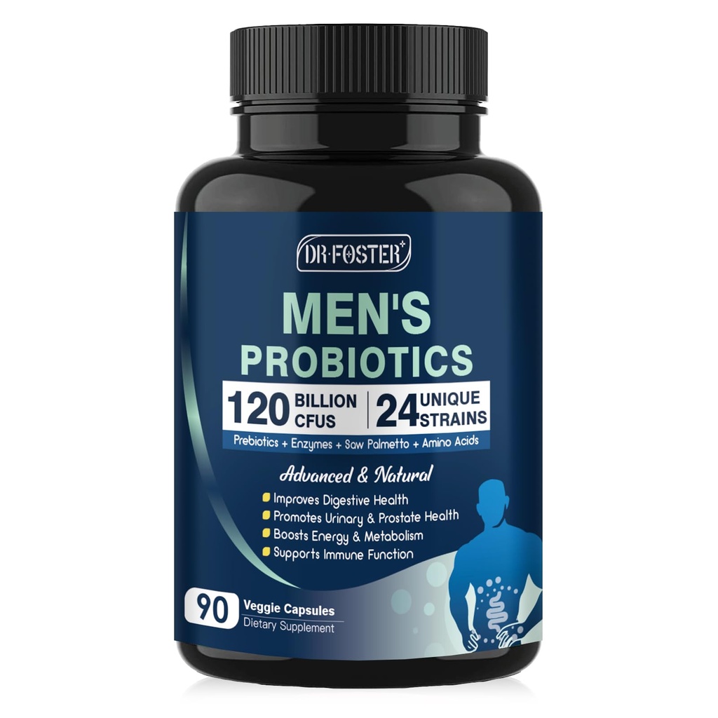 Probiotiques pour hommes Santé digestive, 120 milliards d'UFC Hommes Probiotique avec enzymes digestives et prébiotiques et sciure Palmetto & canneberge pour Gut, Prostate & Urinary Tract Health, plateau stable, 90 capsules