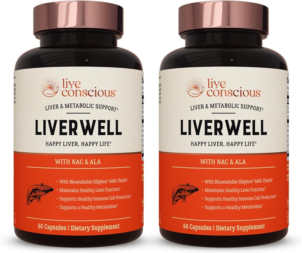 LiverWell Nettoyage, rajeunissement, soutien métabolique - Supplément hépatique pour la santé du foie avec extrait de chardon de lait hautement biodisponible, N-acétyl Cystéine, acide alpha lipoïque, zinc, sélénium - 2 paquets