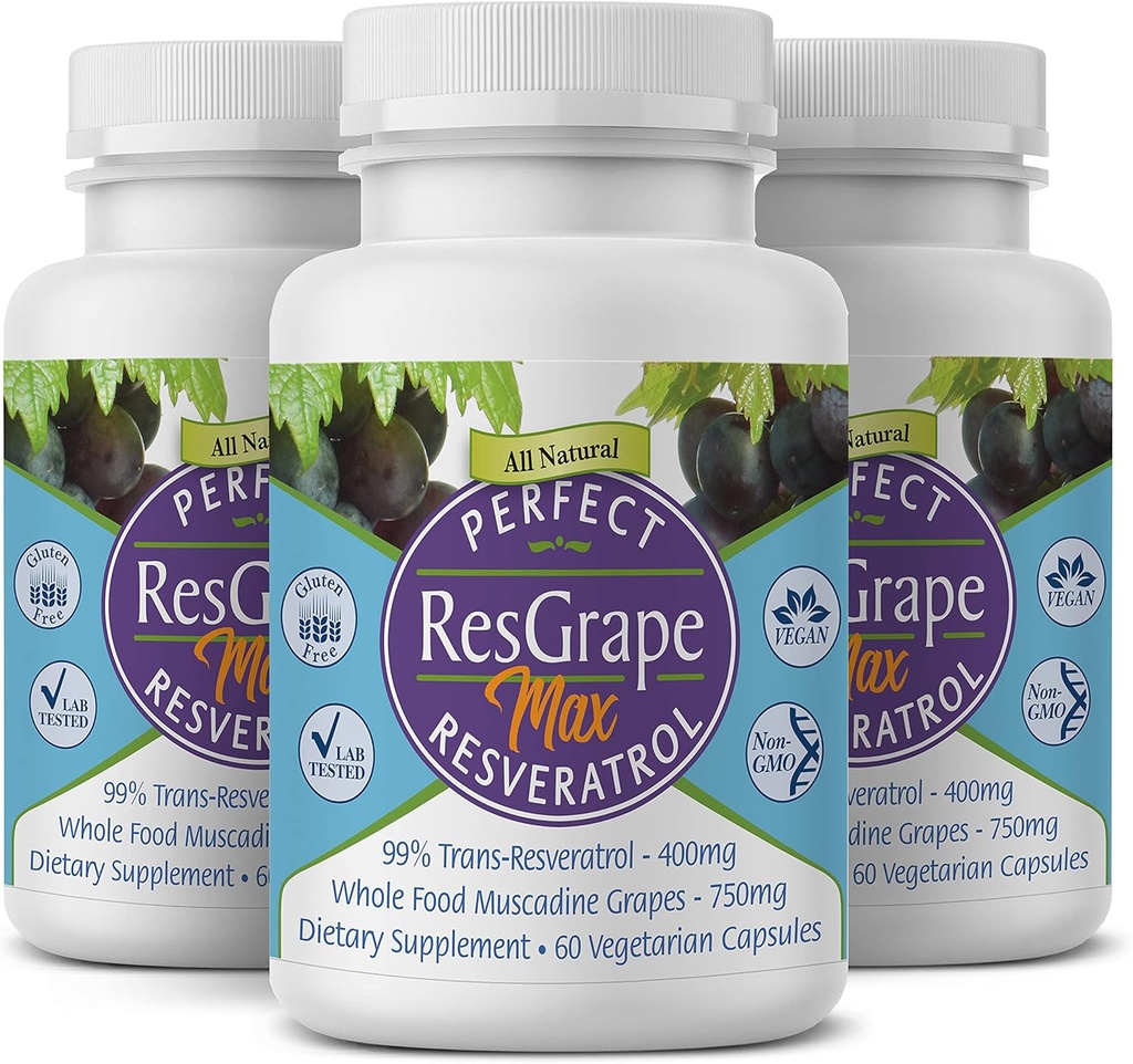 Perfect ResGrape Max, 60 capsules végétales par bouteille (paquet de 3) ~ 99% Trans-Resveratrol & Muscadine Grape ~ Anti-Aging Supplement & Potent Antioxydant