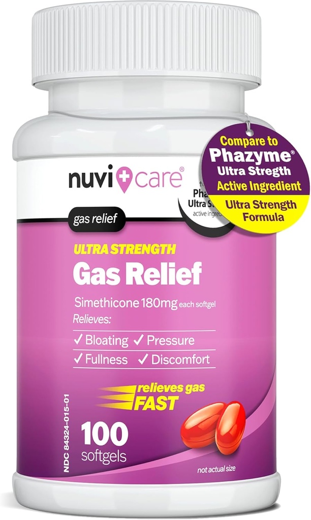 Ultra Strength Gas Relief - Simethicone 180mg Softgels - Anti-Gas- und Bloating Relief - Vergleichen Sie das aktive Ingredient in Phazyme Anti-Gas Pillen - Stomach Gas Relief für Erwachsene (100 Zähler)