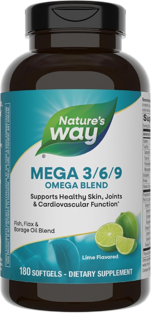 Nature’s Way Mega 3/6/9 Omega Blend, unterstützt gesunde Haut, Gelenke, Herz-Kreislauf-Funktion*, Fisch, Fläschchen, Borage Öl, 180 Lime Flavored Softgels (Packaging May Vary)