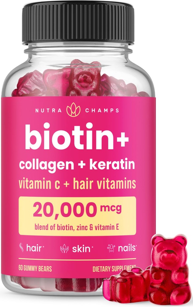 NutraChamps Hair Skin & Nails Gummis | Biotin mit Collagen & Keratin | 5000mcg Biotin Beauty Complex | Vitamin Supplement für Damen & Men | Berry | Gesundes Haar, Radiant Skin & Starke Nägel