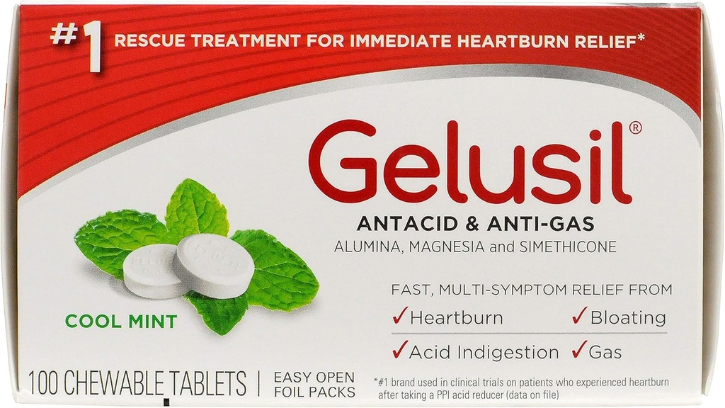 Comprimés antiacide et antigaz Gelusil pour le soulagement des brûlures d'estomac, le reflux acide, le ballonnement et le gaz, la menthe fraîche - 100ct Blister Pack (paquet de 2)
