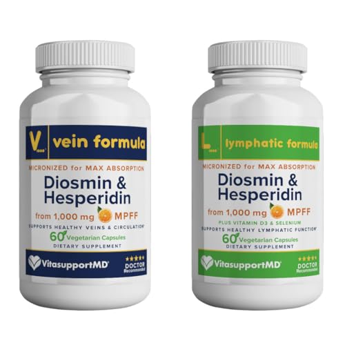 VITASUPPORTMD - Vein und Lymphatic Formel Bundle, Diosmin Hesperidin 1000 mg, 2x60 Kapseln, MPFF-Komplex für Zirkulation, Lymphatic und Vein-Unterstützung