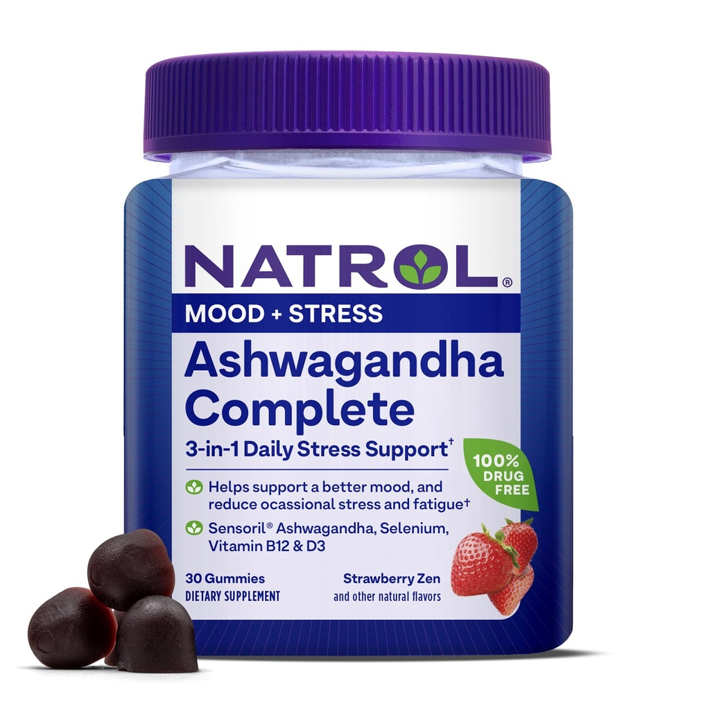 Natrol Ashwagandha Complete Gummy, 3-in-1 Tägliche Stress-Unterstützung, unterstützt bessere Stimmung, Reduziert Okzial Stress und Fatigue, 30 Gummis, bis zu einem 15-Tage-Versorgung