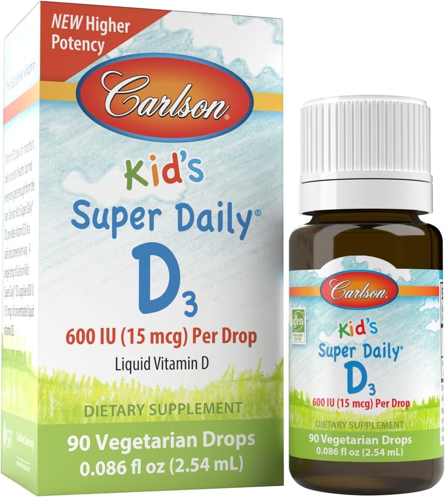 Carlson Kid's Super Daily D3, 600 IU (15 mcg) pro Tropfen – Flüssiges Vitamin D Tropfen für Kinder, 90 Tropfen (2.54 mL), Vegetarisch, Ungewohnt