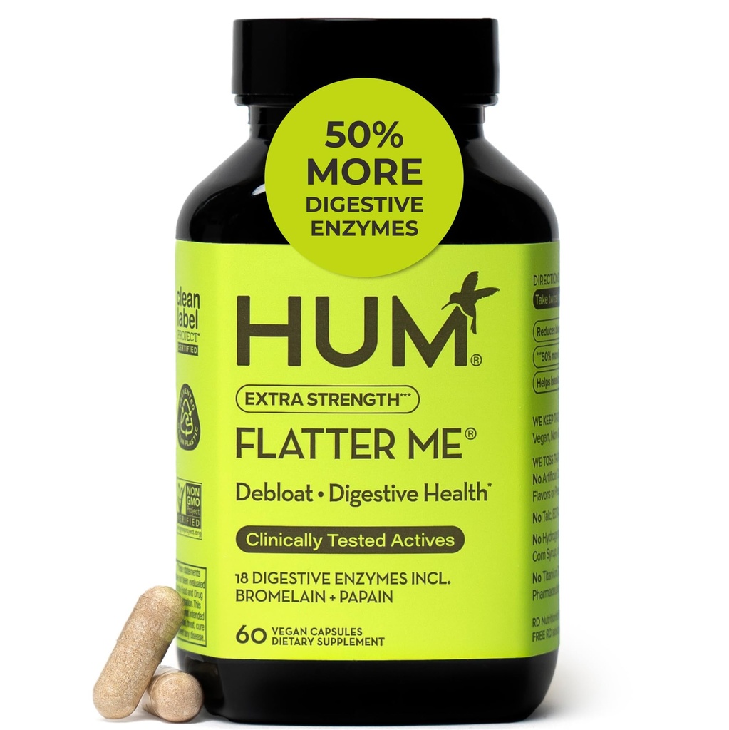 HUM Flatter Me Extra Strength Verdauungsenzyme für Frauen, Männer, Verdauungsgut Bloating Supplement, Ginger, Peppermint Blatt, Fast Acting Anti Bloat Pills Multi Enzym für Debloating, 60 Kapseln