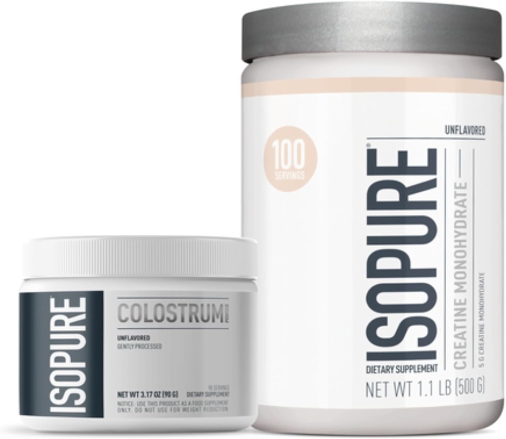 Ensemble de poudre de supplément de colostrum d'Isopure Bovine, traité délicatement, 90 portions + poudre monohydratée de créatine d'Isopure non aromatisée, 5g monohydraté de créatine par scoop, 100 portions, 500g