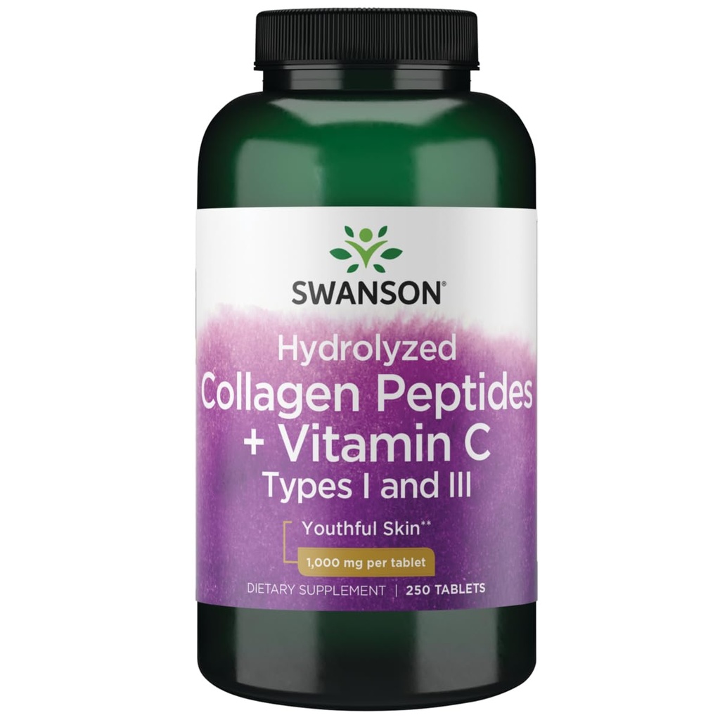 Peptides de collagène hydrolysés de Swanson + vitamine C types I et IIi 1 000 mg 250 Tabs