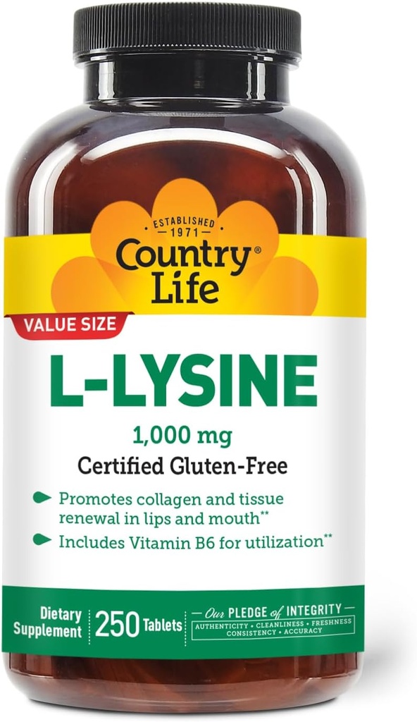 Country Life L-Lysine 1000mg with B-6, Supports Immune Health, Promotes Collagen Renewal in Lips and Mouth, 250-Count, Certified Gluten Free, Certified Vegan