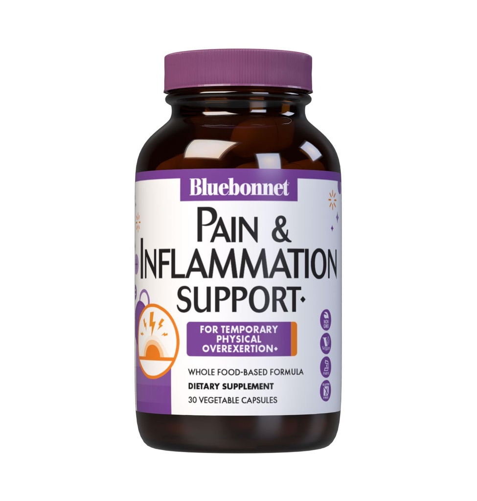 Bluebonnet Nutrition Pain & Inflammation Support, pour surexposition physique temporaire*, non OGM, végétalien, kasher certifié, sans gluten, sans soja, sans lait, 30 capsules végétales, 30 portions