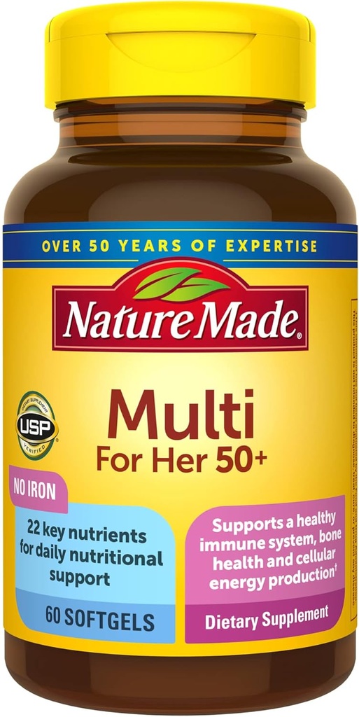 Natur gemacht Multivitamin für sie 50+ mit kein Eisen, Frauen Multivitamin für tägliche Ernährungsunterstützung, Multivitamin für Frauen, 60 Softgels, 60 Tage Versorgung