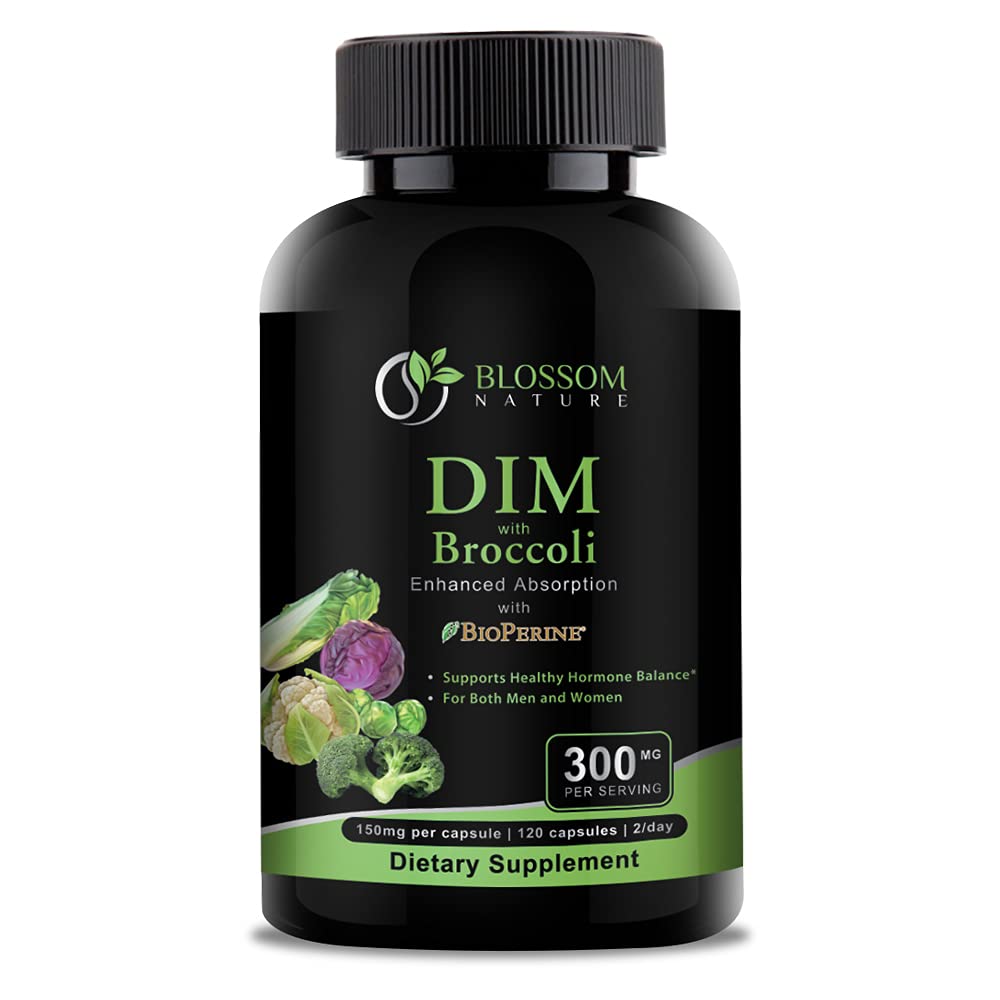 Supplément DIM 300mg avec Broccoli 200mg BioPerine 10mg-Hormone et équilibre œstrogène pour les femmes et les hommes,Ménopause Relief,PCOS et PMS Support,Hormonal Acne Treatment-120 Caps,Diindolylméthane 150mg par cap